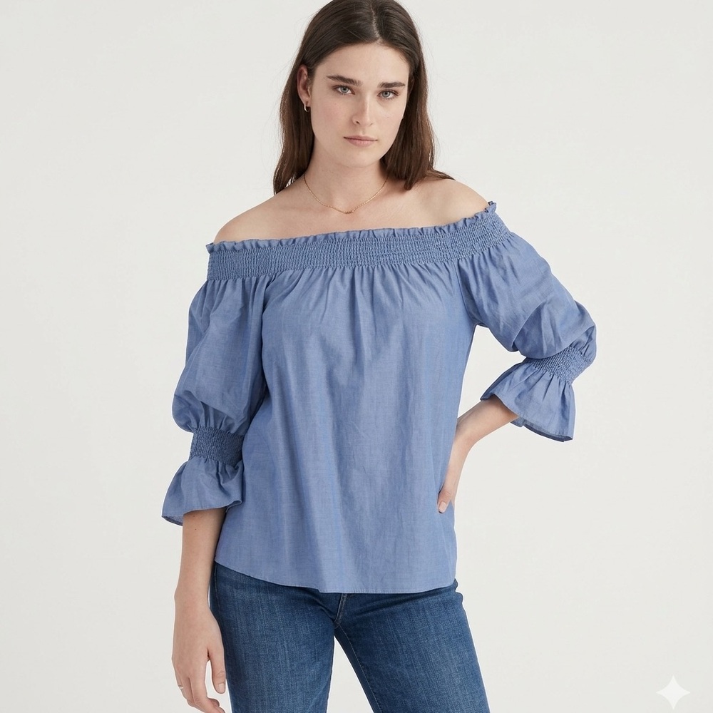 7 FOR ALL MANKIND Silk Off Shoulder Smock Top Blue Size XS Bohemian Cottagecore - Picture 14 of 14